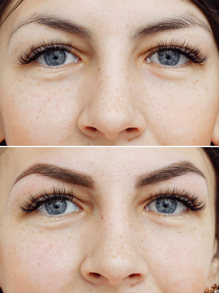 Photo comparison before and after permanent makeup, tattooing of eyebrows